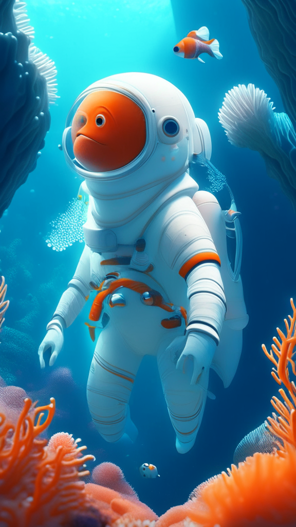 Nemo the character is wearing a white astronaut suit, swimming the ocean with corals in background, in pixar style, detailed, 4k. 8k