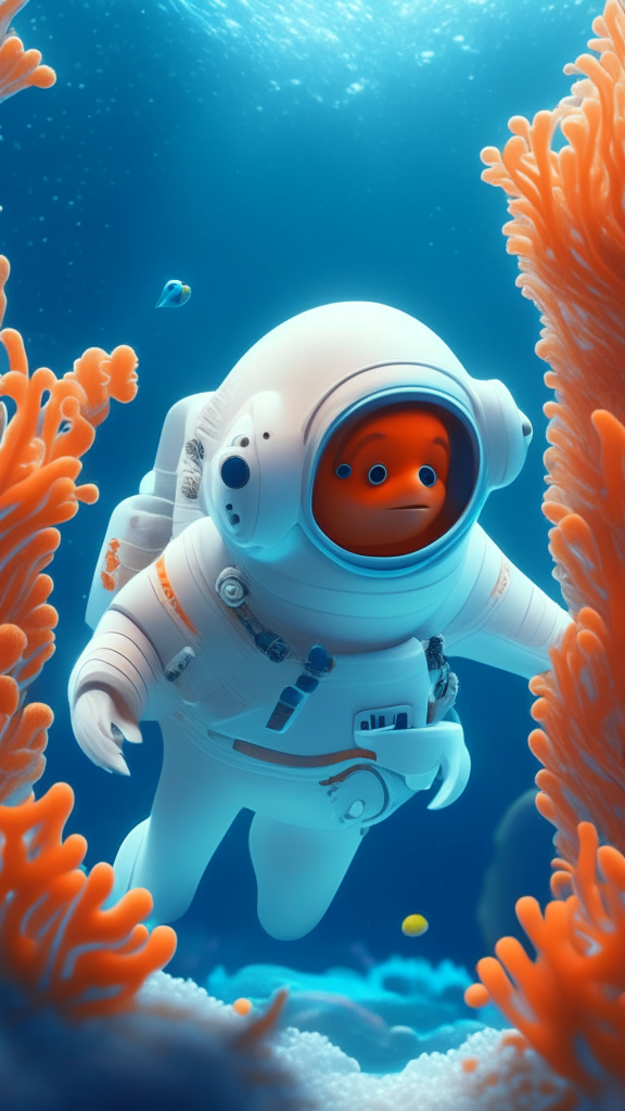 Nemo the character is wearing a white astronaut suit, swimming the ocean with corals in background, in pixar style, detailed, 4k. 8k