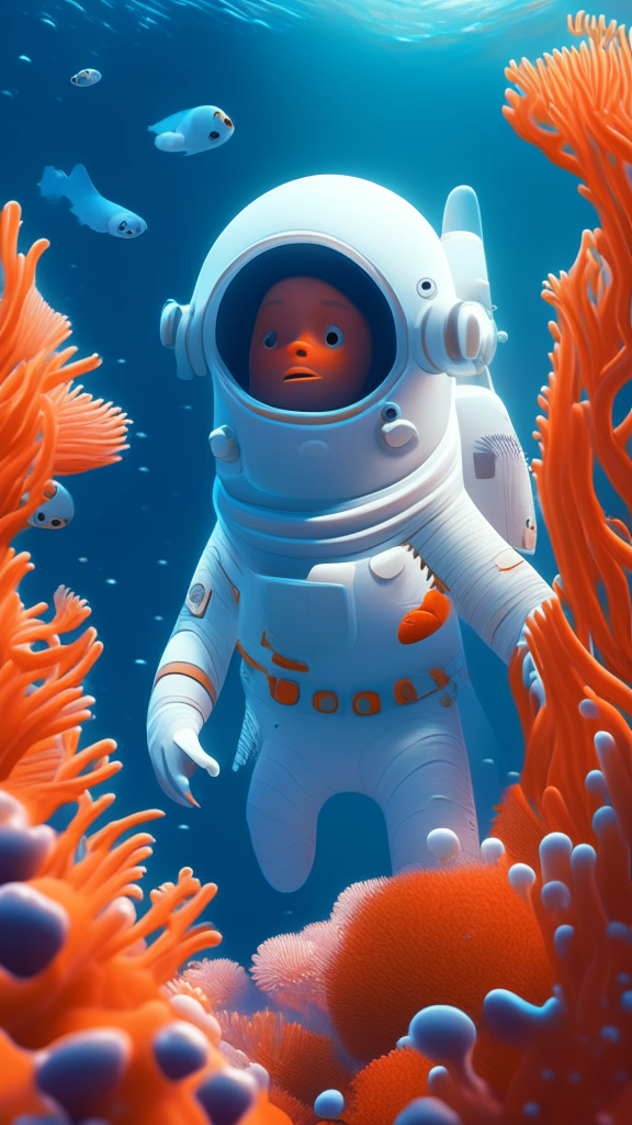 Nemo the character is wearing a white astronaut suit, swimming the ocean with corals in background, in pixar style, detailed, 4k, 8k