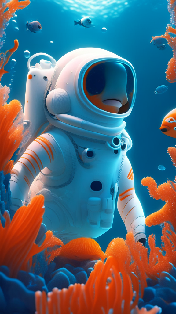 Nemo the character is wearing a white astronaut suit, swimming the ocean with corals in background, in pixar style, detailed, 4k, 8k