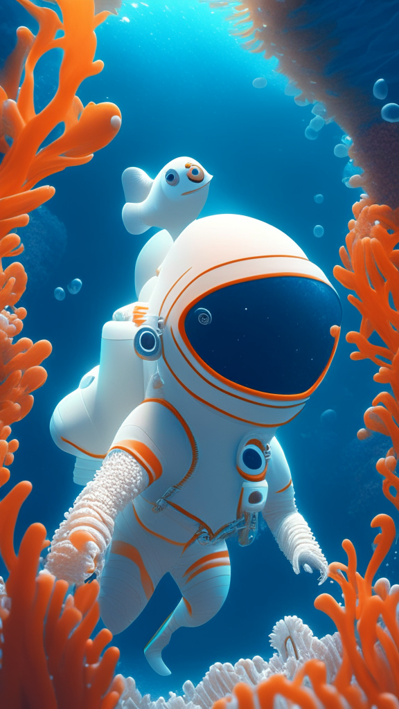 Nemo the character is wearing a white astronaut suit, swimming the ocean with corals in background, in pixar style, detailed, 4k, 8k