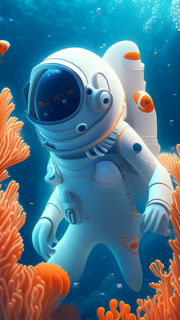 Nemo the character is wearing a white astronaut suit, swimming the ocean with corals in background, in pixar style, detailed, 4k, 8k