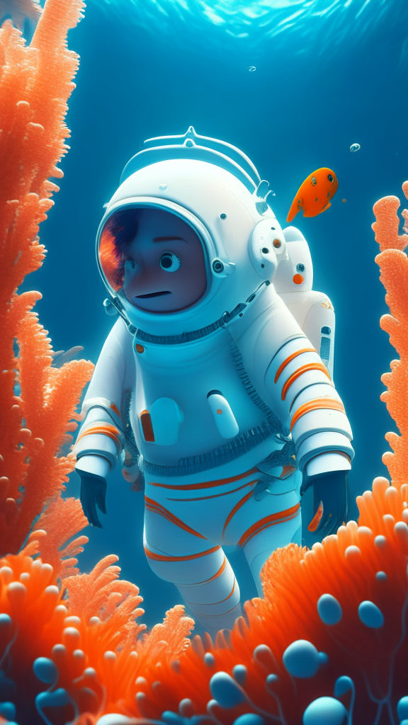 Nemo the character is wearing a white astronaut suit, swimming the ocean with corals in background, in pixar style, detailed, 4k, 8k