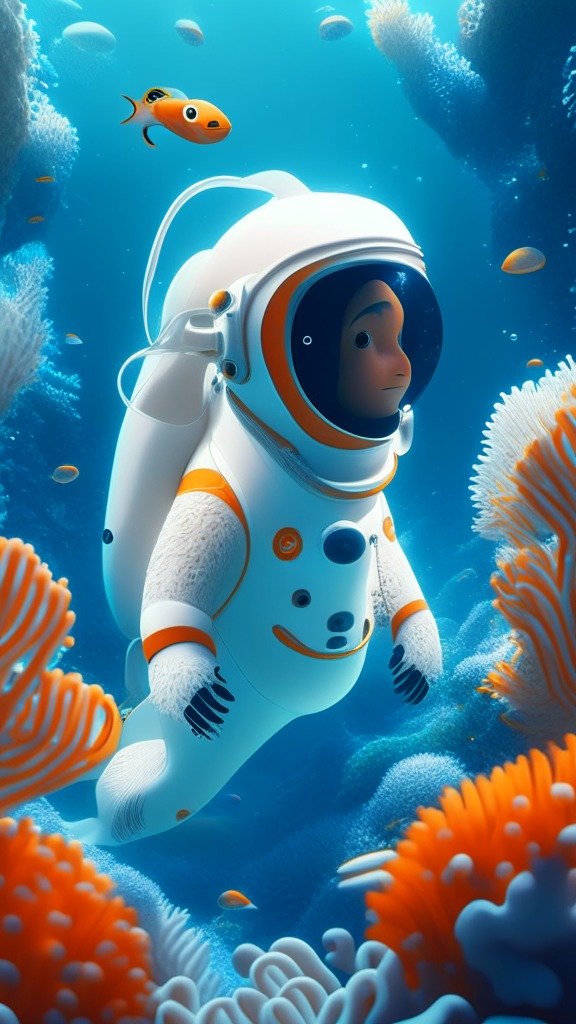 Nemo the character is wearing a white astronaut suit, swimming the ocean with corals in background, in pixar style, detailed, 4k, 8k