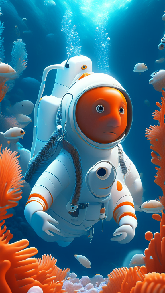 Nemo the character is wearing a white astronaut suit, swimming the ocean with corals in background, in pixar style, detailed, 4k, 8k