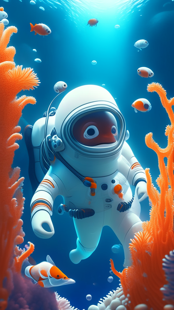 Nemo the character is wearing a white astronaut suit, swimming the ocean with corals in background, in pixar style, detailed, 4k, 8k