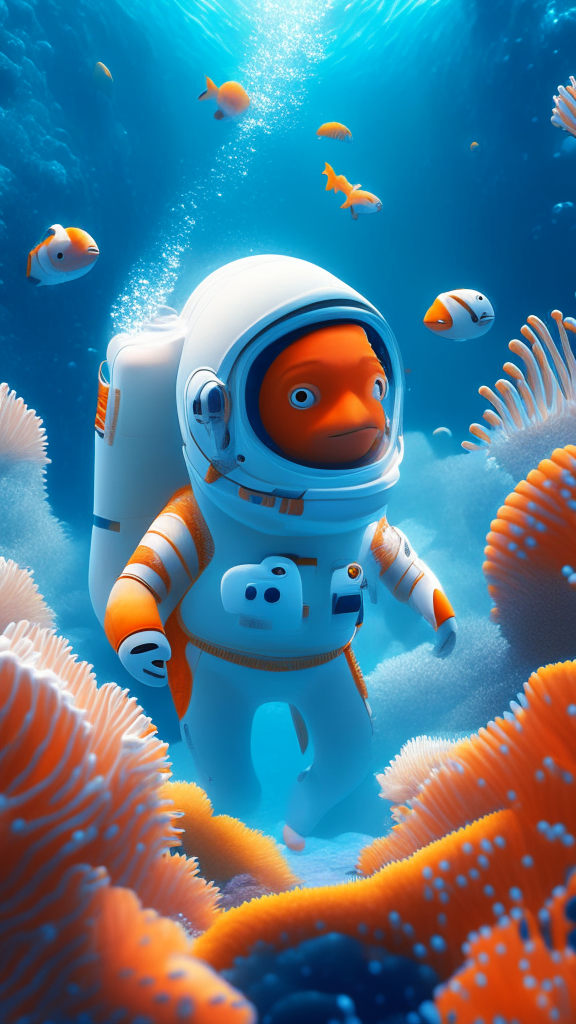 Nemo the character is wearing a white astronaut suit, swimming the ocean with corals in background, in pixar style, detailed, 4k, 8k