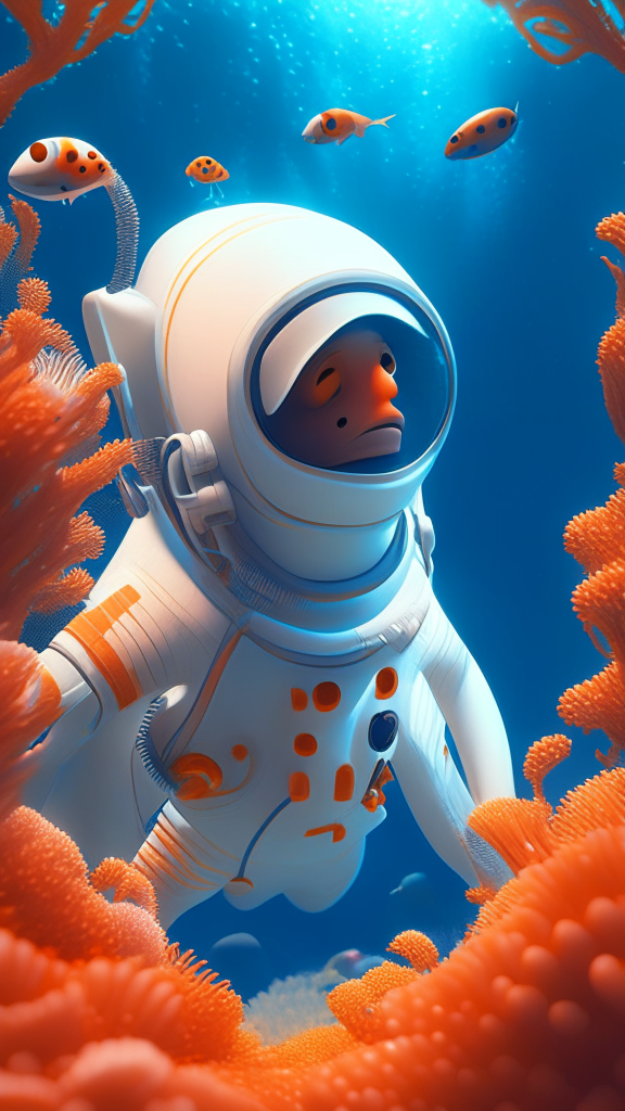 Nemo the character is wearing a white astronaut suit, swimming the ocean with corals in background, in pixar style, detailed, 4k, 8k