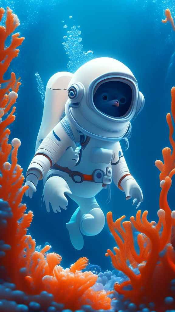 Nemo the character is wearing a white astronaut suit, swimming the ocean with corals in background, in pixar style, detailed, 4k, 8k