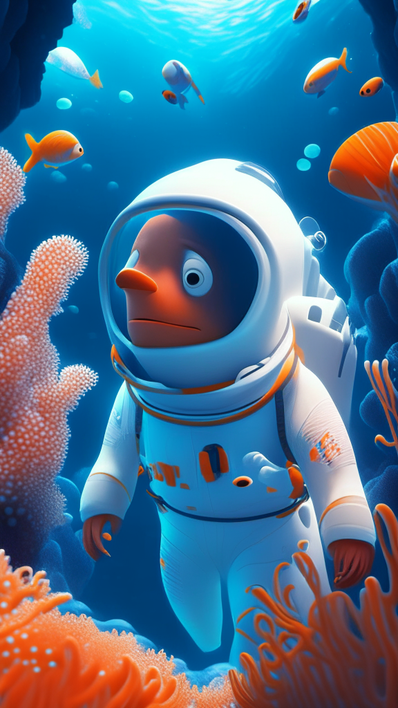 Nemo the character is wearing a white astronaut suit, swimming the ocean with corals in background, in pixar style, detailed, 4k, 8k