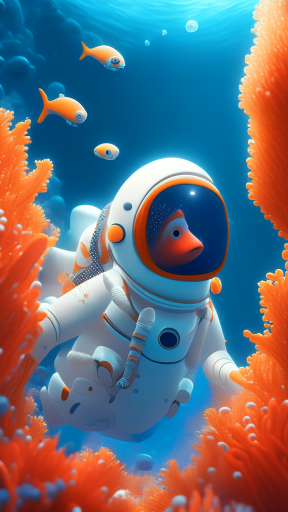 Nemo the character is wearing a white astronaut suit, swimming the ocean with corals in background, in pixar style, detailed, 4k, 8k