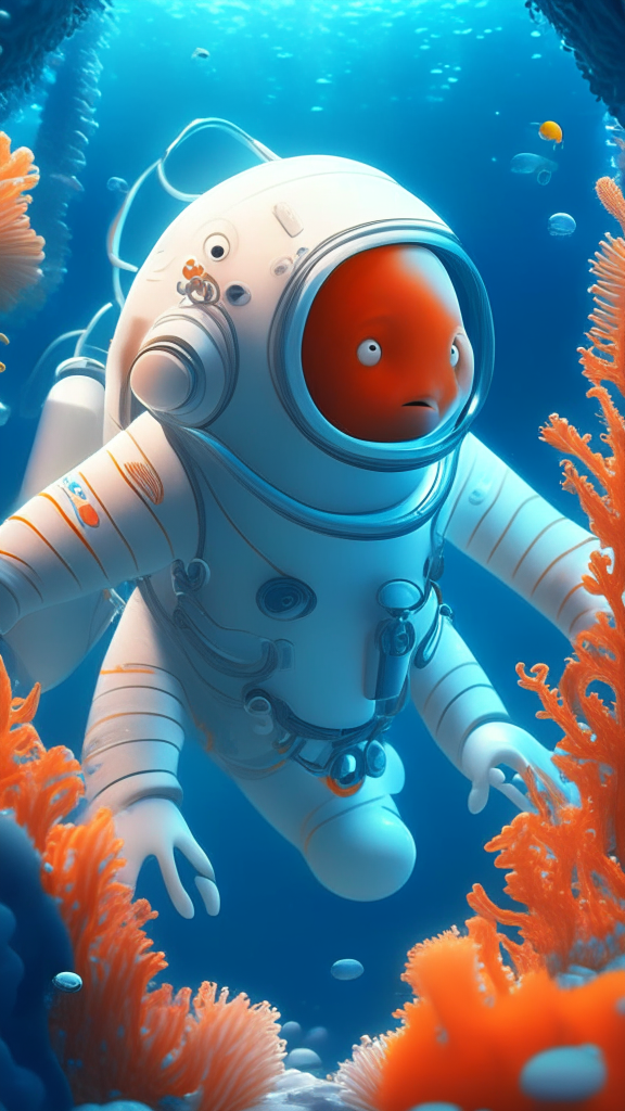 Nemo the character is wearing a white astronaut suit, swimming the ocean with corals in background, in pixar style, detailed, 4k, 8k