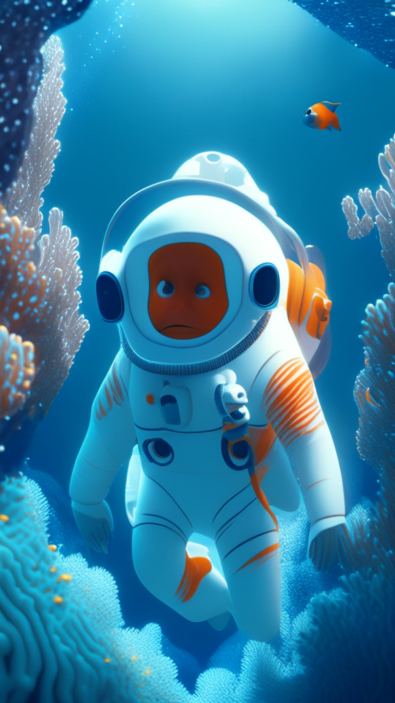 Nemo the character is wearing a white astronaut suit, swimming the ocean with corals in background, in pixar style, detailed, 4k, 8k