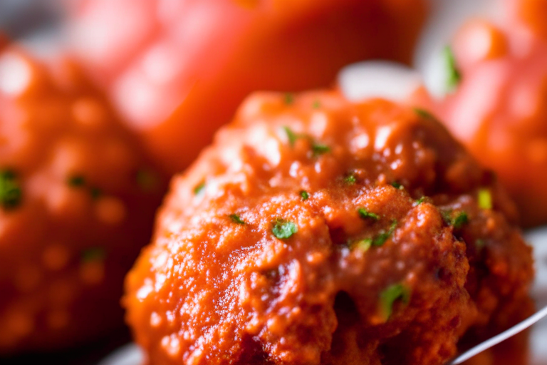 Air Fryer Turkey Meatballs with Marinara Sauce, natural light, zoomed in to fill frame, focused manually, every part in razor-sharp focus