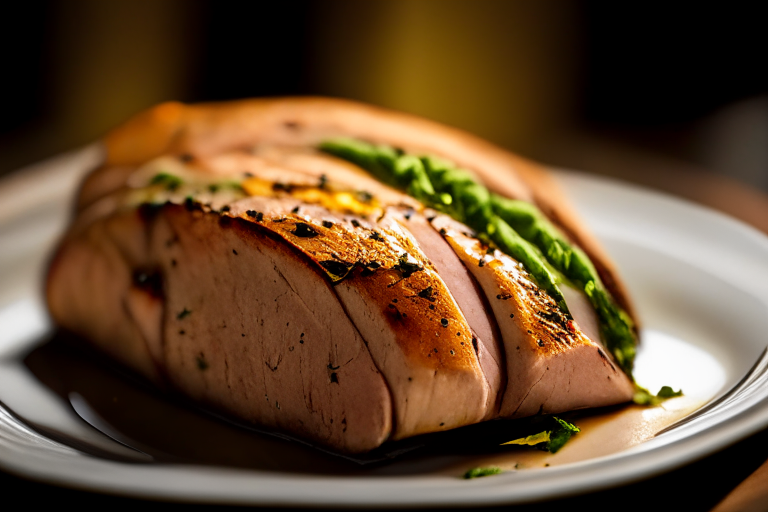 Oven-Roasted Turkey Breast with Herb Butter, zoomed in to fill frame, minimizing plate and background, bright studio lighting, razor-sharp focus on the turkey