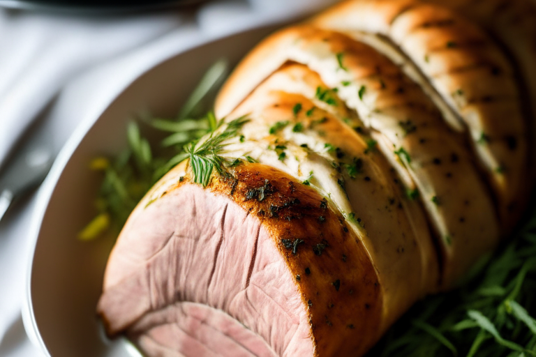 Oven-Roasted Turkey Breast with Herb Butter, natural light from the window, focused manually on the herb butter, every part of the turkey and sides in sharp detail