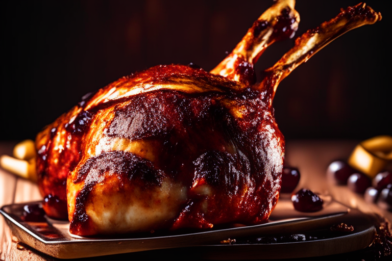 Air Fryer and Oven-Roasted Turkey Legs with Cranberry Glaze, zoomed in to fill frame, minimizing plate and background, bright studio lighting, razor-sharp focus on the turkey legs