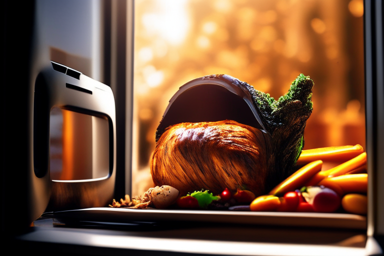 Air Fryer and Oven-Roasted Turkey Breast with Maple-Glazed Vegetables, natural light from an open window, zoomed in to fill frame, every part of the food in razor-sharp focus