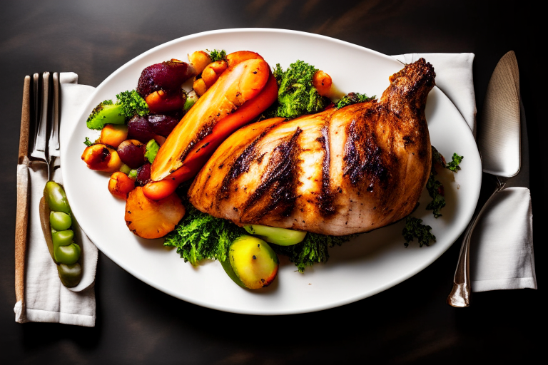 Air Fryer and Oven-Roasted Turkey Breast with Maple-Glazed Vegetables, bright clear studio lighting, minimizing plate and background, focused manually on the turkey breast and vegetables, no blurry or underexposed areas