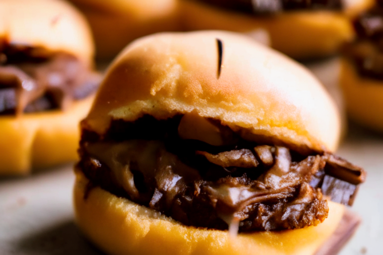 Air Fryer Beef Sliders with Caramelized Onions, natural light from an open window, zoomed in to fill frame, every part of the food in razor-sharp focus