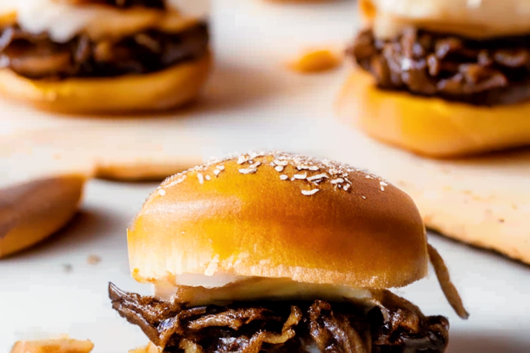 Air Fryer Beef Sliders with Caramelized Onions, bright clear studio lighting, minimizing plate and background, focused manually on the beef sliders and caramelized onions, no blurry or underexposed areas