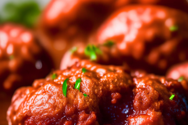 Air Fryer Beef Meatballs with Marinara Sauce, bright clear studio lighting from the right, zoomed in close on the meatballs, focused on the meatballs with mid-range aperture for optimal sharpness, every part of the food in perfect focus