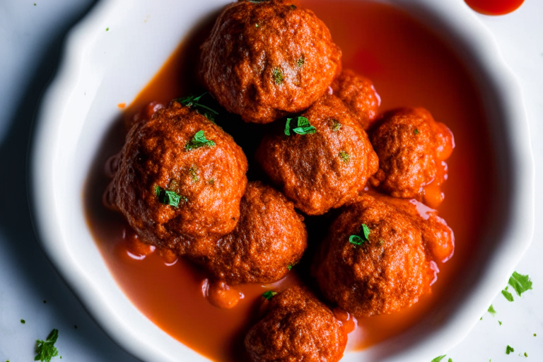 Air Fryer Beef Meatballs with Marinara Sauce, bright clear studio lighting from the left, minimizing plate and background, focused manually on the meatballs and sauce, no blurry or underexposed areas