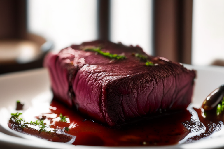 Oven-Roasted Beef Tenderloin with Red Wine Reduction, natural light from an open window fills the frame, every part of the meat and sauce in razor-sharp focus