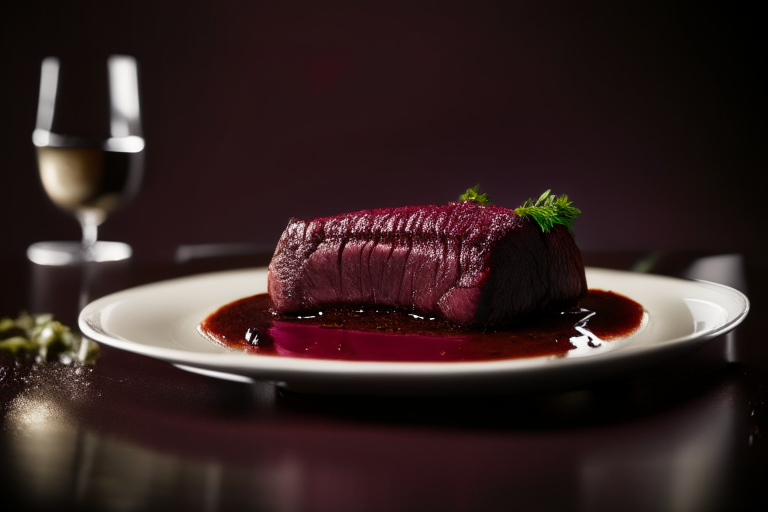 Oven-Roasted Beef Tenderloin with Red Wine Reduction, bright clear studio lighting from the left, minimizing plate and background, focused manually on the tenderloin and reduction sauce, no blurry or underexposed areas