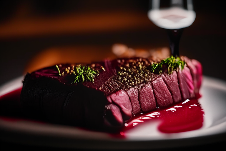 Oven-Roasted Beef Tenderloin with Red Wine Reduction, bright clear studio lighting from the right, zoomed in close on the tenderloin, focused on the meat with mid-range aperture for optimal sharpness, every part of the dish in perfect focus