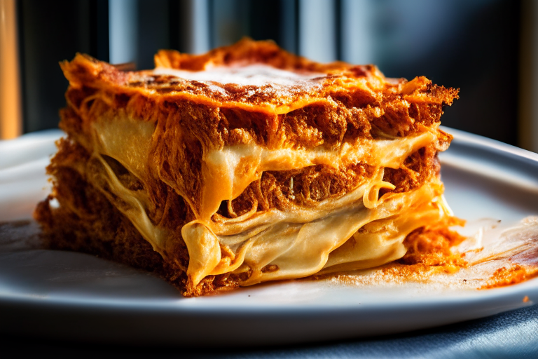 Oven-Baked Beef Lasagna with Layers of Cheese, natural light from an open window fills the frame, every part of the pasta, meat and cheese in razor-sharp focus