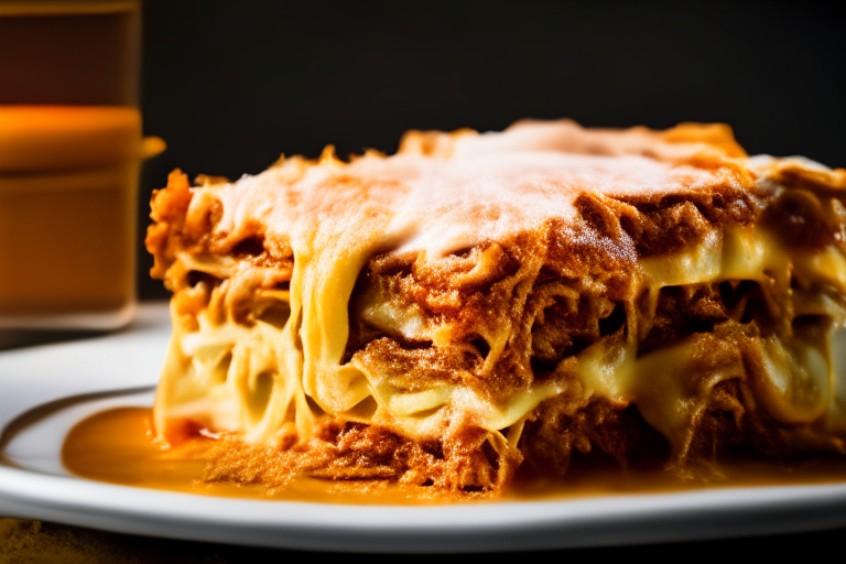 Oven-Baked Beef Lasagna with Layers of Cheese, bright clear studio lighting from the left, minimizing plate and background, focused manually on the lasagna, no blurry or underexposed areas