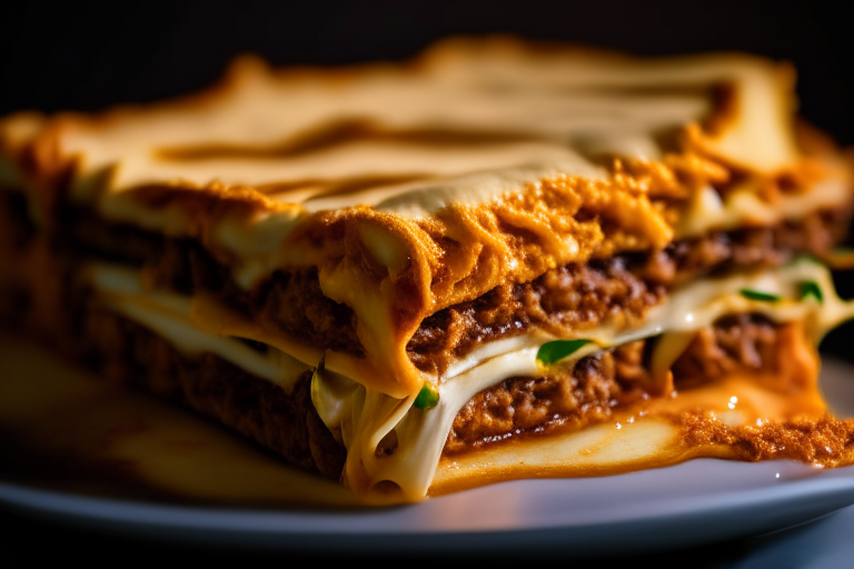 Oven-Baked Beef Lasagna with Layers of Cheese, bright clear studio lighting from the right, zoomed in close on the lasagna, focused on the pasta with mid-range aperture for optimal sharpness, every part of the dish in perfect focus