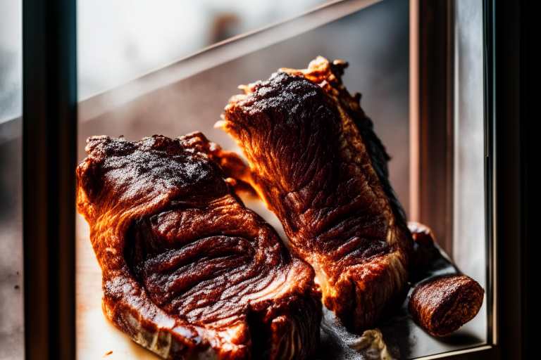 Air Fryer and Oven-Roasted Beef Ribs with Barbecue Glaze, natural light from an open window fills the frame, every part of the meat and glaze in razor-sharp focus