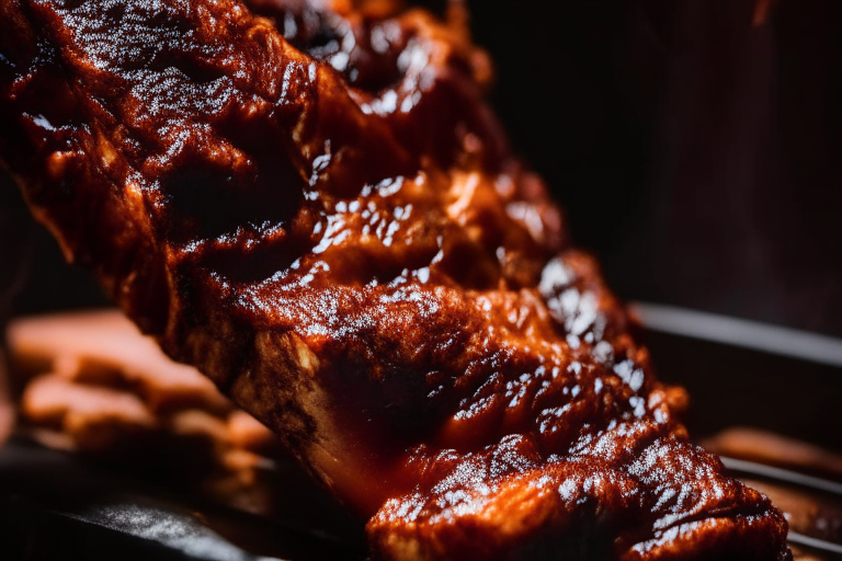 Air Fryer and Oven-Roasted Beef Ribs with Barbecue Glaze, bright clear studio lighting from the right, zoomed in close on the ribs, focused on the meat with mid-range aperture for optimal sharpness, every part of the dish in perfect focus