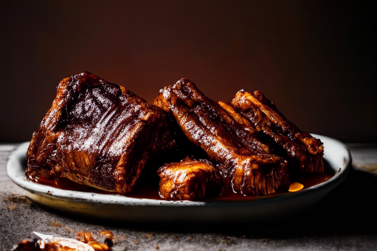 Air Fryer and Oven-Roasted Beef Ribs with Barbecue Glaze, bright clear studio lighting from the left, minimizing plate and background, focused manually on the ribs and glaze, no blurry or underexposed areas