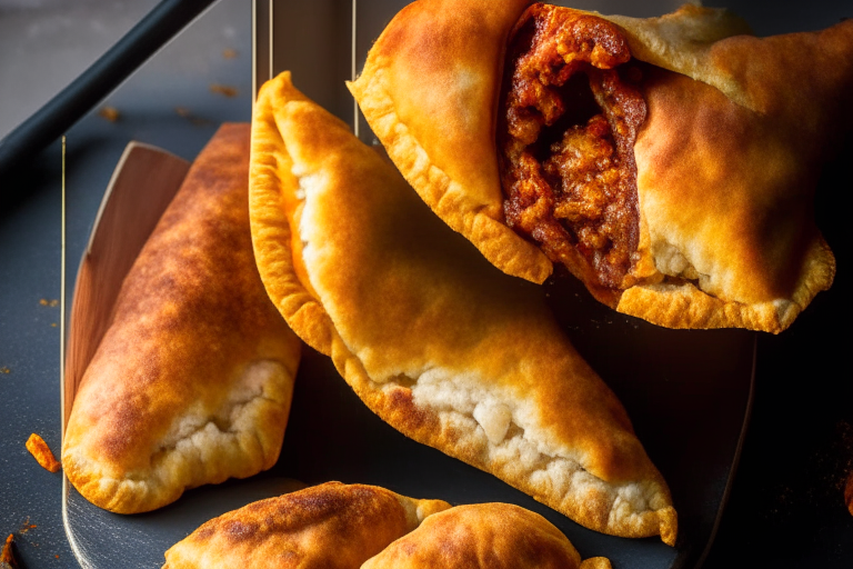 Air Fryer and Oven-Baked Beef Empanadas with Spicy Dipping Sauce, natural light from an open window fills the frame, every part of the empanadas and sauce in razor-sharp focus