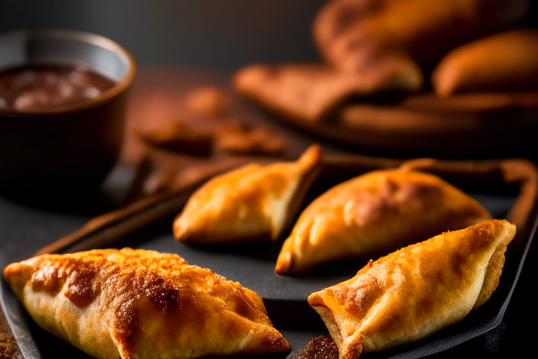 Air Fryer and Oven-Baked Beef Empanadas with Spicy Dipping Sauce, bright clear studio lighting from the right, zoomed in close on the empanadas, focused on the pastry with mid-range aperture for optimal sharpness, every part of the dish in perfect focus