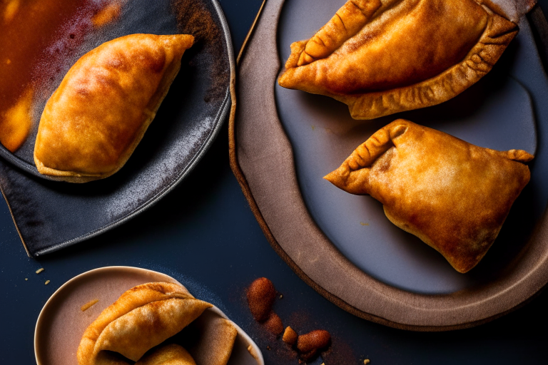 Air Fryer and Oven-Baked Beef Empanadas with Spicy Dipping Sauce, bright clear studio lighting from the left, minimizing plate and background, focused manually on the empanadas and sauce, no blurry or underexposed areas