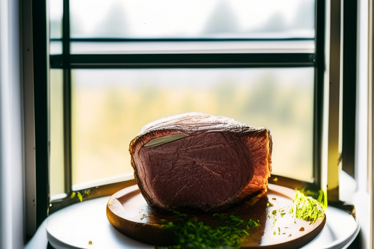 Air Fryer and Oven-Roasted Beef Sirloin with Garlic-Herb Butter, natural light from an open window fills the frame, every part of the sirloin and butter in razor-sharp focus