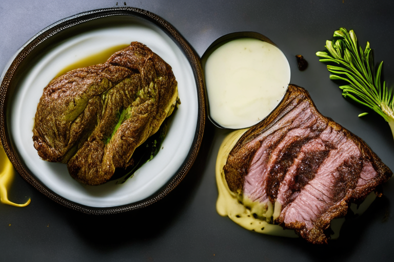 Air Fryer and Oven-Roasted Beef Sirloin with Garlic-Herb Butter, bright clear studio lighting from the left, minimizing plate and background, focused manually on the sirloin and butter, no blurry or underexposed areas