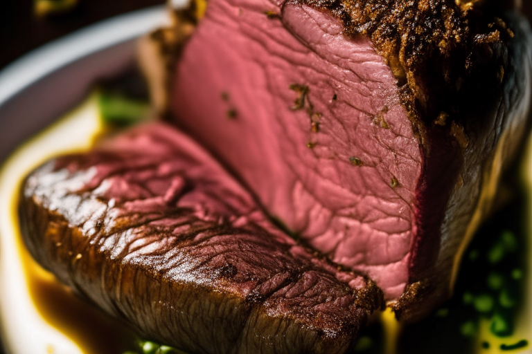 Air Fryer and Oven-Roasted Beef Sirloin with Garlic-Herb Butter, bright clear studio lighting from the right, zoomed in close on the sirloin, focused on the meat with mid-range aperture for optimal sharpness, every part of the dish in perfect focus