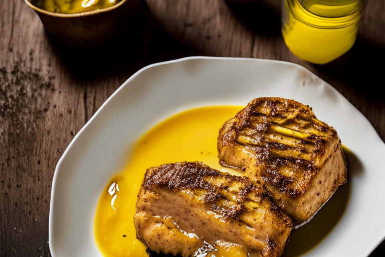 Air Fryer Pork Chops with Mustard Glaze, bright clear studio lighting from the left, minimizing plate and background, focused manually on the pork chops and glaze, no blurry or underexposed areas