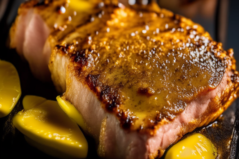 Air Fryer Pork Chops with Mustard Glaze, bright clear studio lighting from the right, zoomed in close on the pork chops, focused on the meat with mid-range aperture for optimal sharpness, every part of the dish in perfect focus