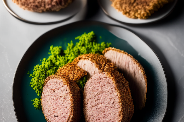 Air Fryer Pork Tenderloin Medallions with Herb Crust, bright clear studio lighting from the left, minimizing plate and background, focused manually on the pork tenderloin medallions and herb crust, no blurry or underexposed areas