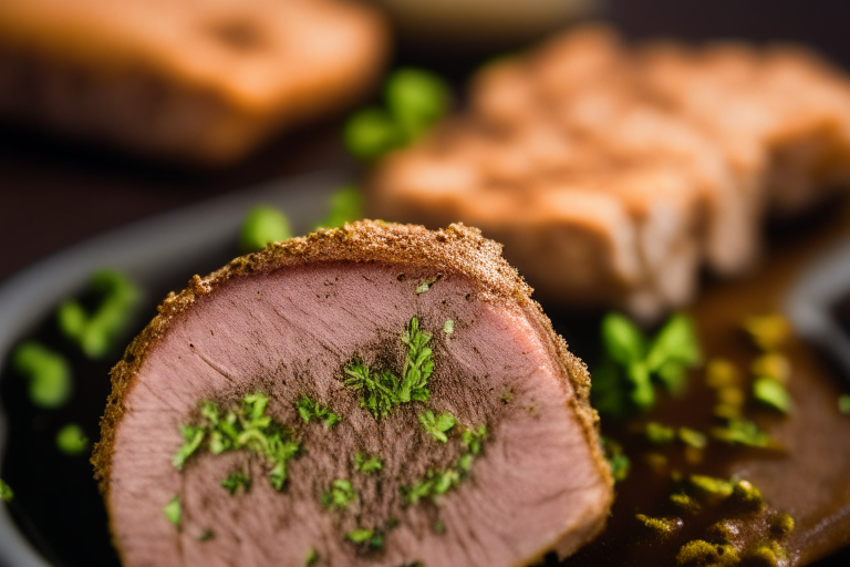 Air Fryer Pork Tenderloin Medallions with Herb Crust, bright clear studio lighting from the right, zoomed in close on the pork tenderloin medallions, focused on the meat with mid-range aperture for optimal sharpness, every part of the dish in perfect focus