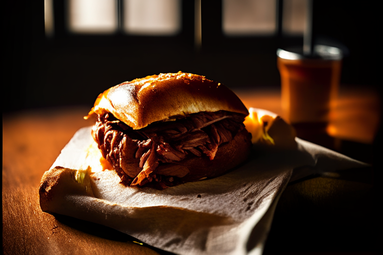 Oven-Roasted Pulled Pork with Tangy Barbecue Sauce, natural light from an open window fills the frame, every part of the pulled pork and barbecue sauce in razor-sharp focus