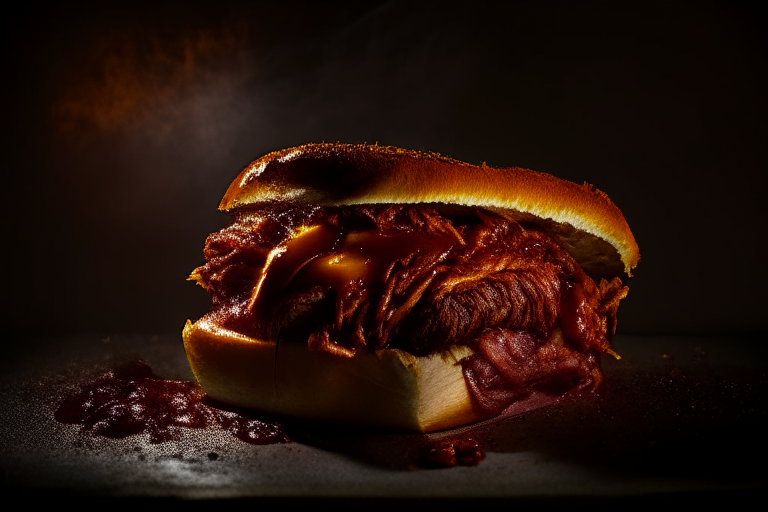 Oven-Roasted Pulled Pork with Tangy Barbecue Sauce, bright clear studio lighting from the right, filling the frame with the pulled pork and sauce, focused on the meat with a narrow aperture for crisp sharpness from edge to edge