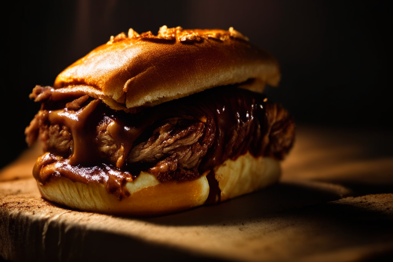 Oven-Roasted Pulled Pork with Tangy Barbecue Sauce, bright clear studio lighting from the left, zooming in close on the pulled pork filling most of the frame, focused manually for perfect sharpness with no blurry areas