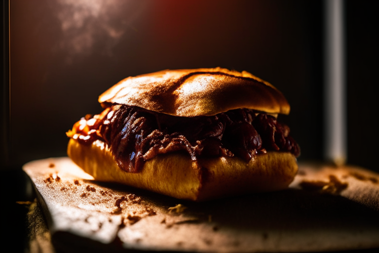 Oven-Roasted Pulled Pork with Tangy Barbecue Sauce, natural light from an open window fills the frame, every part of the pulled pork and barbecue sauce in razor-sharp focus